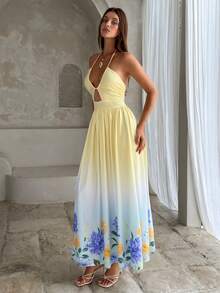 Aloruh Women's Spring/Summer New Halter Tie A-Line Super Long Placement Floral Print Dress, Suitable For Beach, Vacation, Sand, Travel - Multicolor - View 8