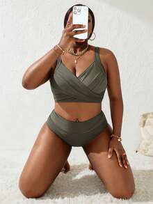 Slaydiva Plus Size Women 2pcs Military Green Splice Ruched Tankini Swimwear Set, Summer Beach Holiday - Army Green - View 6