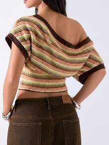 LYSMO Women's Striped Asymmetrical Shoulder Casual Top,Summer Top - Multicolor - View 2