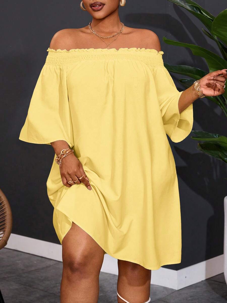 Slaydiva Plus Size Women's Off-Shoulder Elegant Commute & Vacation A-Line Dress - Light Yellow - View 1