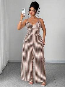 Elenzga Bộ jumpsuit nữ cỡ lớn thời trang thường ngày kẻ sọc hoa văn, cạp chun, dây mảnh, lưng hở, thắt nơ, thích hợp cho mùa xuân/hè, đi học, nghỉ lễ, tốt nghiệp, Ngày lễ tình nhân, Giáng sinh, lễ hội âm nhạc, Ngày của Mẹ, Halloween, Lễ Tạ ơn, Lễ Phục sinh, Ngày Quốc khánh, dạ hội, sinh nhật, tiệc hẹn hò, mùa cưới, dã ngoại. - Cà phê nâu - Xem 6