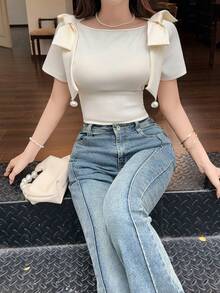 Feyla Áo thun nữ cổ tròn tay ngắn màu trơn, trang trí nơ. - Màu be - Xem 4