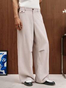 TOKVUE Men's Black And White Striped Wide-Leg Pants,Retro Vertical Striped Straight-Leg Trousers,Relaxed Fit Casual Summer Business Work Daily Commute Pants - Light Grey - View 3