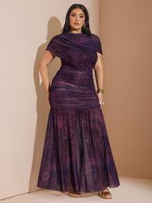Vestido largo con estampado de talla grande con estilo envolvente, Vestido maxi elegante de mujer de cuello O morado fruncido con mangas transparentes, Vestido maxi de mujer con estampado de teñido anudado y superposición de malla con bajo de cola de sirena, Vestido maxi sofisticado de mujer con estampado morado y detalles fruncidos de manga larga - Multicolor - Ver 3
