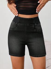 SHEIN Tall 女款彈性腰口袋修身牛仔短褲 Jorts，適合高個女性 - 黑色 - 查看 5