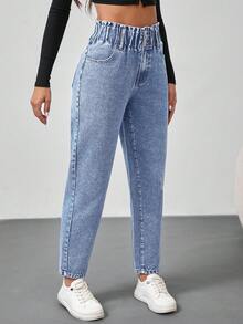 SHEIN Tall Women's Button Waist Design Pocket Tapered Jeans, Tall Back-To-School Light Blue Summer Casual - Light Wash - View 6