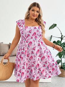 Plussiva Umstandskleid in Große Größen mit Blume Muster, Bindedetail und Volantärmeln - Pink - Übersicht 5