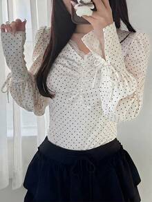 FRIFUL 女士波点印花系带长袖T恤 - 白色 - 查看 2