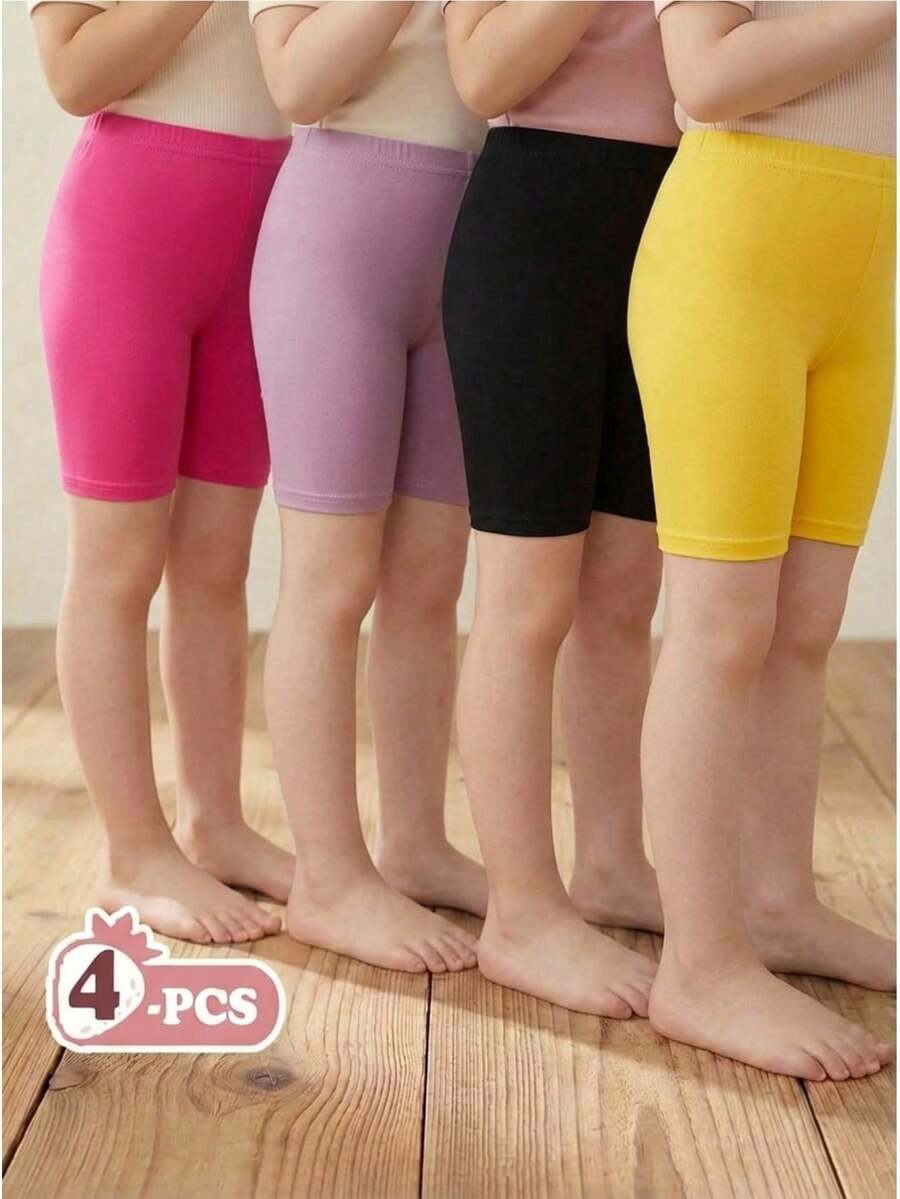 4pcs/Set Girls' Black Solid Color Minimalist Comfortable Tight Shorts & Leggings - Multicolor - View 1