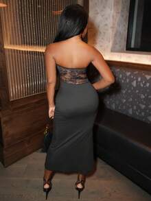 Chea Andrea 法式蕾丝性感抹胸连衣裙，简约时尚，时尚美观，性感修身长裙，女士 - 黑色 - 查看 2