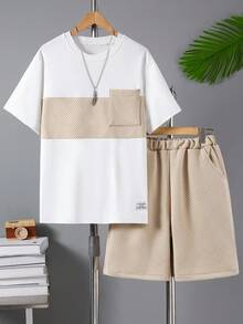 SHEIN Vacaura 2pcs/Set Teenage Boys' Colorblock Letter Splice Round Neck Short Sleeve T-Shirt And 3D Letter Outdoor Casual Sports Shorts, Summer - Apricot - View 4