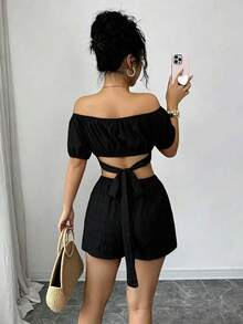 Rafferiza Women's Casual Vacation Off-Shoulder Bow Tie Back 2-Piece Set Zoey Outfit Ytk Clothes Zante Holiday Outfit Zoo Outfits Women - Black - View 2