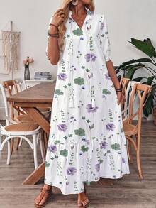 EMERY ROSE V-Neck Printed Ruffle Hem Elegant Sexy Casual Vacation Dress With Drawstring Golf White Summer - Multicolor - View 4
