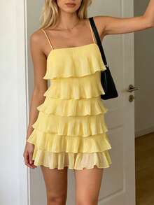 Cévolie Đầm hai dây ngắn xếp ly, có họa tiết, kiểu dáng thường ngày, thích hợp cho nữ đi nghỉ mát. - Butter Yellow - Xem 6