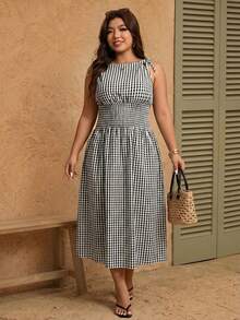 Elaquor 大码格子收腰中长连衣裙，商务休闲连衣裙，收腰长裙，优雅长裙，肩部系带蝴蝶结连衣裙，办公室通勤连衣裙，大码夏季连衣裙 - 黑與白 - 查看 6