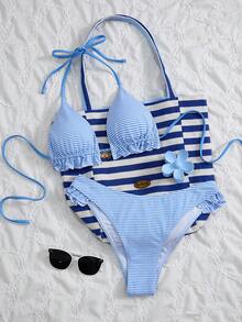 Swim Mod 女士夏季新款海滨度假休闲甜美纹理撞色条纹面料可爱花卉饰边，搭配精致金属海星贝壳吊坠性感露背系带比基尼两件套泳衣 - 彩色 - 查看 4