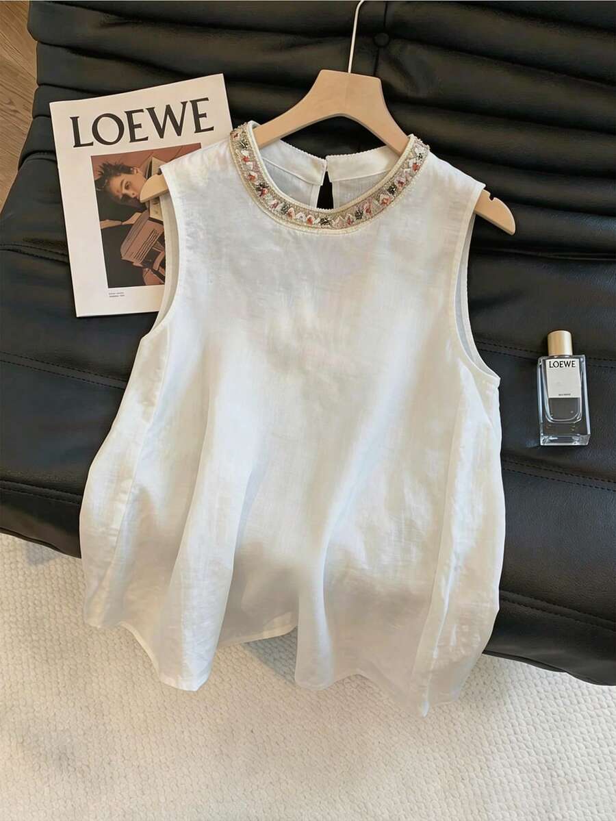GlowEve 女士夏季串珠亚麻无袖背心，后开衩设计，纯色宽松休闲度假上衣，适合叠穿 - 白色 - 查看 1