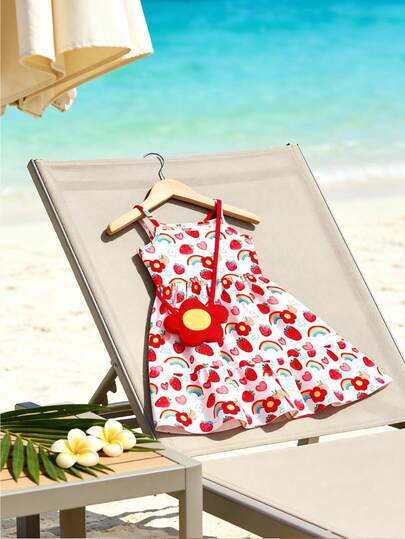 Young Girl' Rainbow Strawberry Print Spaghetti Strap Ruffle Hem Dress With Floral Cute Bag, Suitable For Casual Daily And Holiday Wear