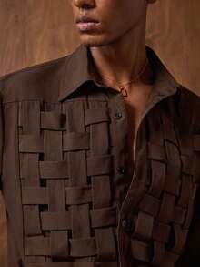 AKNOTIC 男士卡其色长袖前开襟休闲梭织衬衫 - 咖啡棕 - 查看 1