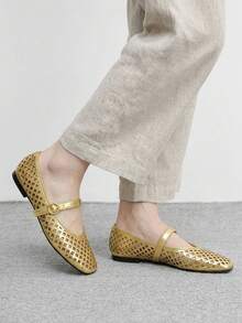 CUCCOO BIZCHIC Spring And Summer Gold Laser Hollow Square Toe Word Belt Comfortable Soft Simple Commuter Women Flat Shoes - Gold - View 3