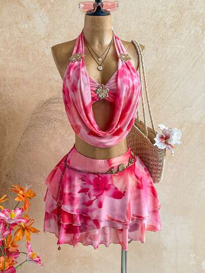 Soleia Women's Sunset Ombre Plunging Neckline Floral Metal Buckle Tie Blouse + Multi-Layer Ruffle Hem Mini Skirt 2-Piece Set, Casual Holiday Beach Cruise Vacation, Suitable For Music Festival, Boho Style