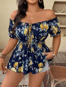 Weeklong Spring/Summer New Plus Size Women's Off Shoulder Cinched Waist Chest Tie Dye Print Elegant Fashion Blouse, Suitable For Dates, Travel, Etc. - Blue and White - View 2