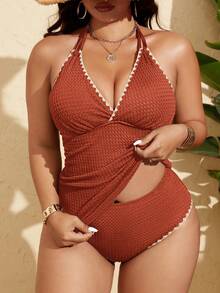 SHEIN Swim Curve 大码女士黑色V领双肩带V领收腹坦克背心式泳衣套装，时尚夏季海滩度假之选 - 摩卡棕 - 查看 1