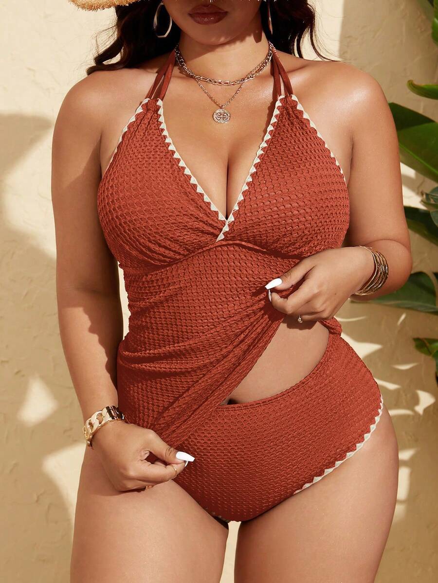 SHEIN Swim Curve 大码女士黑色V领双肩带V领收腹坦克背心式泳衣套装,时尚夏季海滩度假之选 - 摩卡棕 - 查看 1