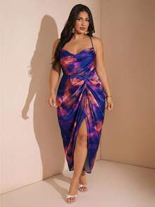 SHEIN BAE Plus Size Woman Blue Floral Satin Swing Neck Spaghetti Strap Draped High Slit Midi Dress,Summer 70's Boho Elegant Party Rave Wedding Guest Homecoming - Purple - View 4