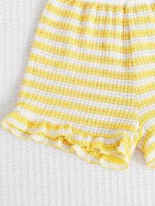 SHEIN Young Girls Round Neck Ruffle Trim Casual Striped Summer T-Shirt Set - Yellow - View 4