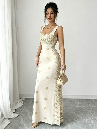 SHEIN Raffinéa Women's Shiny Gold & Black White Summer Seductive Sequin Tropical Cocktail Dress,Square Neck Spaghetti Strap Backless Slit Hem Fitted High Waist Gala