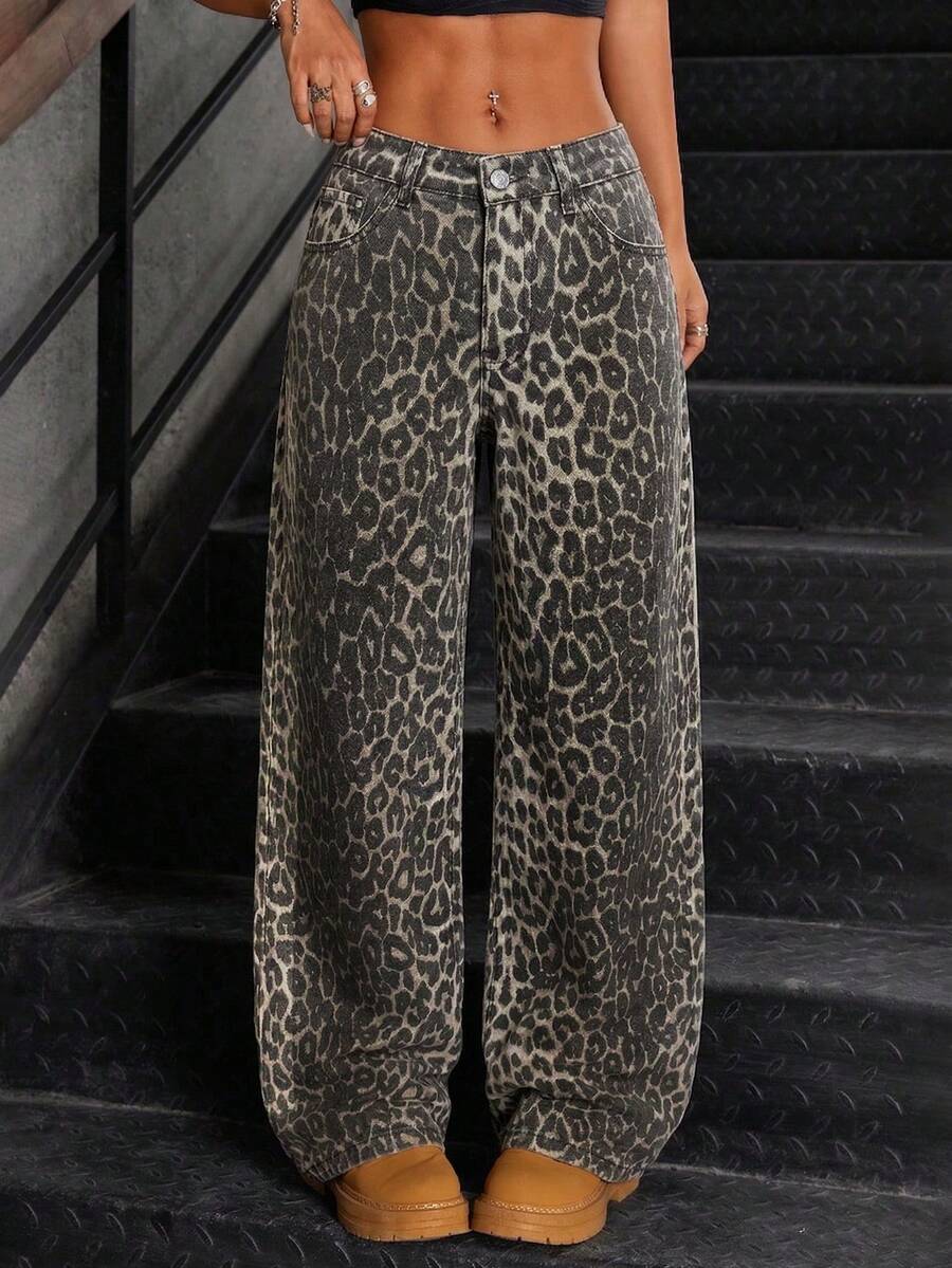 SHEIN Tall Jeans de mujer de pierna ancha y cintura baja con estampado de leopardo lavado de moda - Multicolor - Ver 1