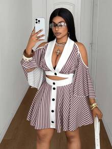Maweii 春夏V领性感露肩荷叶袖短款上衣搭配条纹A字宽松简约短裙套装，适合度假、日常穿着、办公、休闲场合，时尚百搭，尺码齐全。 - 彩色 - 查看 4