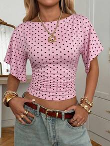 SHEIN EZwear Women's Contrast Polka Dot Print Short Sleeve Top - Pink - View 4
