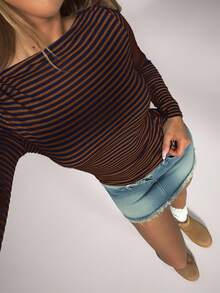 SHEIN Forever 21 Áo thun nữ cổ thuyền tay dài họa tiết sọc raglan - màu nâu - Xem 7