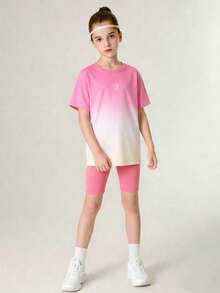 SHEIN Set Pakaian Anak Perempuan Remaja 2 Potong: Kerah Bulat Blok Warna Gradien, Lucu, Sekolah, Kembali ke Sekolah - Hot Pink - View 4