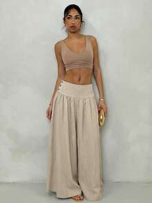 SHEIN Glamour 女士复古低腰阔腿裤，飘逸显瘦休闲长裤，卡其色阔腿裤，适合春夏度假，夏季阔腿裤，卡其色长款阔腿裤，海滩度假，夏季阔腿裤，卡其色长裤 - 卡其色 - 查看 3