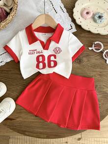 SHEIN Bộ 2 món/cho bé gái sơ sinh 0-3 tuổi, phong cách thường ngày, năng động, kiểu sinh viên, gồm áo thun cổ chữ V tay ngắn và chân váy xếp ly. - Đỏ - Xem 7