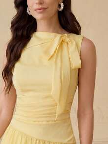 ZEYLAH ROBE ÉLÉGANTE ASYMÉTRIQUE À NŒUD PAPILLON, FLUIDE ET ROMANTIQUE, MI-LONGUE - Jaune citron - Voir 2