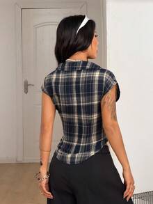 Coolane 女士春季时尚街头风 Y2K 返校休闲音乐会套装格子 V 领翻领短衬衫 - 藍色 - 查看 6