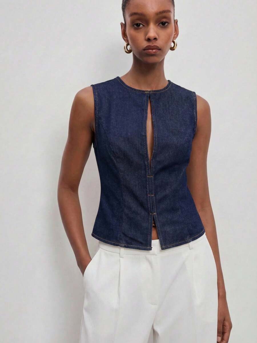 ATUI Studio Women's Casual Denim Top – Soft Cotton Tencel Jean Blouse With Button Down For Summer Beach & Vacation - Navy Blue - View 1