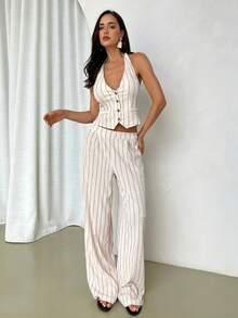 Firerie 女士优雅春夏亚麻休闲通勤度假沙滩V领露背系带条纹西装背心和高腰阔腿卡其色套装 - 卡其色 - 查看 5