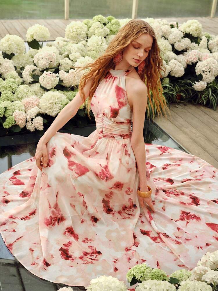 WOMEN'S ELEGANT PRINTED HALTER BACKLESS DRESS, SUITABLE FOR SUMMER VACATION