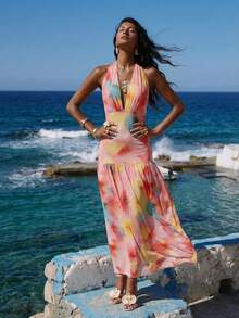 Nevyona Elegant Vacation Dress Fitted Body-Hugging Deep V-Neck Halter-Neck Sleeveless Knit Tulle Print. Spring Summer, Autumn, And Winter. For Women. Elegant Dresses. Elegant Party Dresses. Women's Summer Dresses.Vacation Dresses Floral Dress Summer Dresses For Women Travel Beach Sunbathing Women Dress Resort Wear Women Vacation Dress - Multicolor - View 3