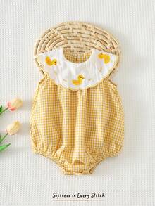 Cozy Pixies Baby Girl Cartoon Duck Pattern Contrast Color Lapel Sleeveless Romper - Yellow - View 11