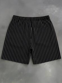 SUMWON Quần short nam mùa hè dáng suông, kẻ sọc dọc, cạp chun co giãn, có túi bên hông, dài trên đầu gối. - màu đen - Xem 4