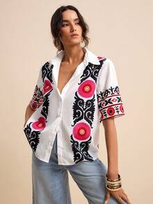 LOTSLUV Áo sơ mi ngắn tay cài một hàng khuy phong cách Bohemian màu đen và đỏ in họa tiết totem dành cho nữ, thích hợp cho kỳ nghỉ xuân/hè. - Đỏ và trắng - Xem 5