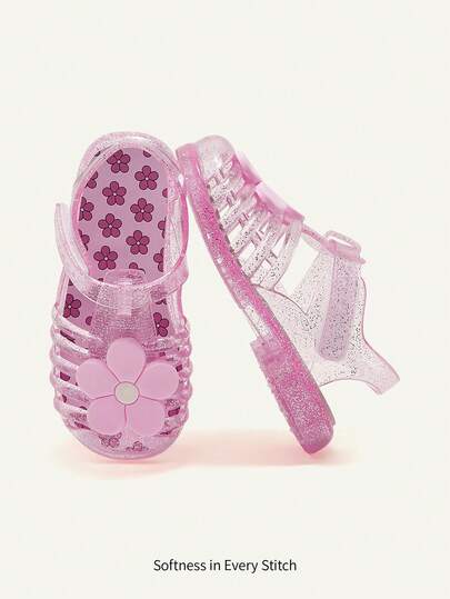 Cozy Pixies A Pair Of Fashionable Versatile Cute Fun Flower Princess Transparent Pink Soft Comfortable Beach Crystal Plaid Pastoral Soft Bottom Flat Baby Sandals