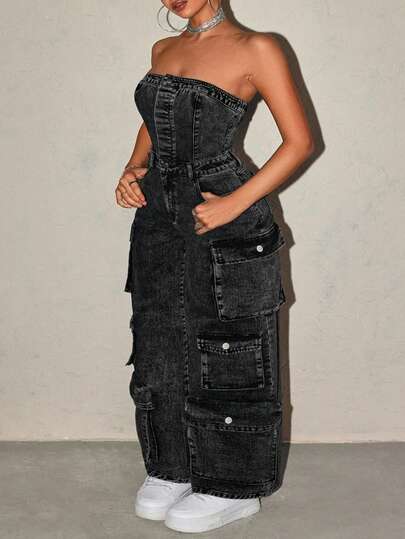 Jeanoix Bộ áo liền quần thời trang cỡ lớn dành cho nữ với nhiều túi tiện dụng và ống quần rộng.