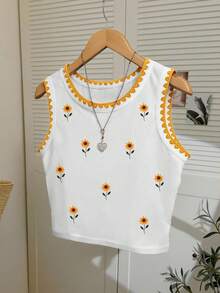 Resyla Daisy Floral Embroidered Women Tank Top, Fashion Shell Trim Camisole - White - View 3